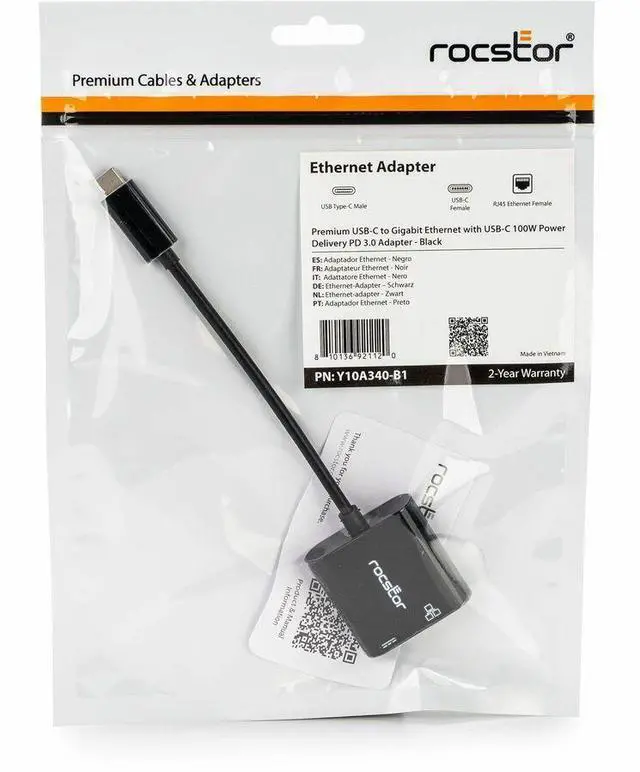 Alt view image 4 of 6 - Rocstor Premium USB-C to Gigabit Ethernet with USB-C 100W Power Delivery PD 3.0 Adapter - USB Type C - 2 Port(s) - 1 - Twisted Pair - 10/100/1000Base-T