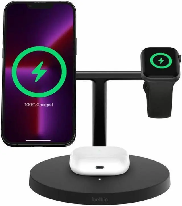 Alt view image 3 of 6 - Belkin BoostCharge Pro 3-in-1 Wireless Charging Stand with Qi2 15W - For Qi2-enabled Device, iPhone, Smartwatch, AirPod - Input connectors: USB - MagSafe Technology, Magnetic Alignment, Fast Charging,