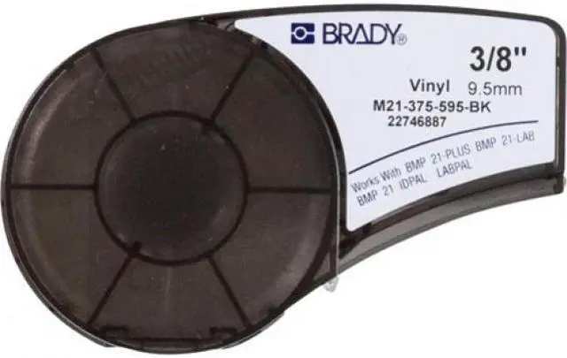 Alt view image 3 of 4 - brady m21375595bk cartridge, b595 vinyl indoor/outdoor material, 0.375" w x 21' l, white on black
