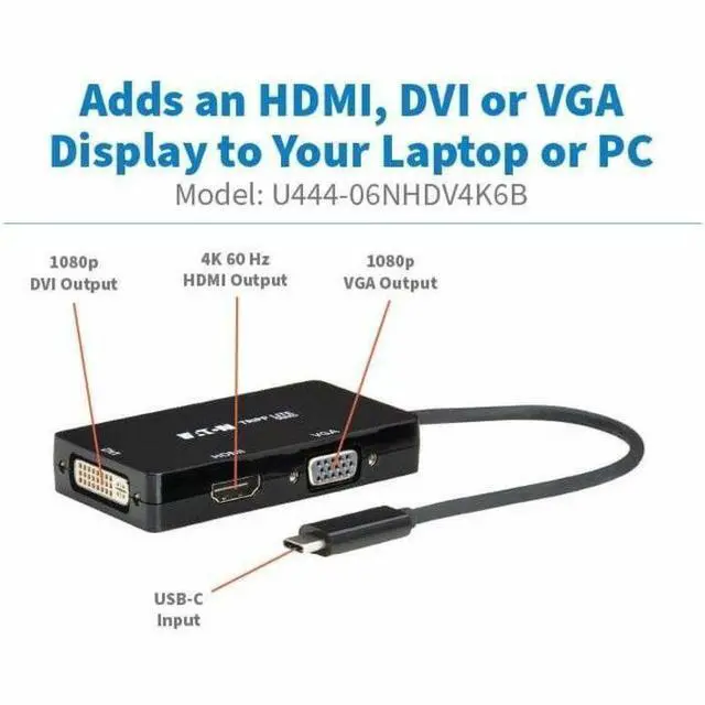 Alt view image 4 of 7 - Eaton Tripp Lite Series USB-C Multiport Adapter (M/3xF) - 4K 60 Hz HDMI, 1080p VGA + DVI Ports, Black