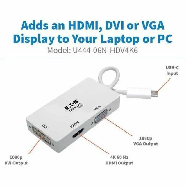 Alt view image 2 of 6 - Eaton Tripp Lite Series USB-C Multiport Adapter (M/3xF) - 4K 60 Hz HDMI, 1080p VGA + DVI Ports, White - 1 x USB 3.2 (Gen 1) Type C - Male - 1 x DVI-D (Dual-Link) Digital Video - Female, 1 x 15-Pin HD-