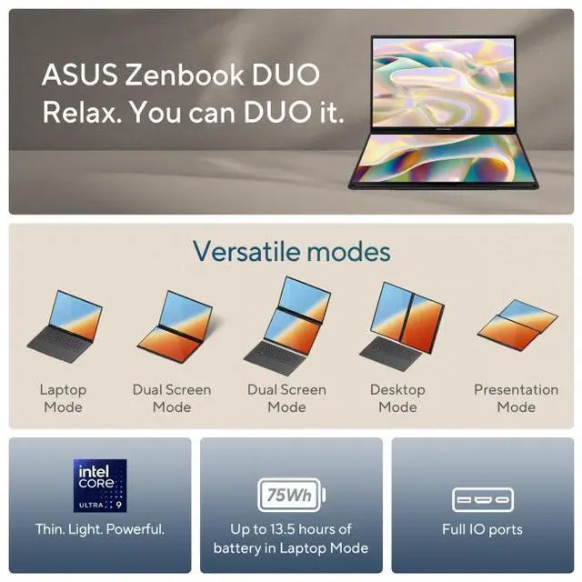 Alt view image 3 of 7 - ASUS Zenbook DUO Dual 14" OLED 3K 120Hz Touchscreen Laptop Intel Core Ultra 9 285H 32GB RAM 1TB SSD Inkwell Gray Windows 11 Home