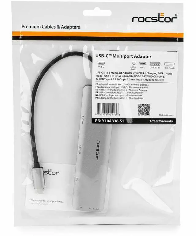 Alt view image 3 of 9 - Rocstor 3.5mm/HDMI/USB/USB-C Audio/Video Adapter - 1 x USB Type C - Male - 1 x HDMI Digital Audio/Video - Female, 2 x USB Type A - Female, 1 x Mini-phone Audio - Female, 1 x USB Type C - Female - Silv