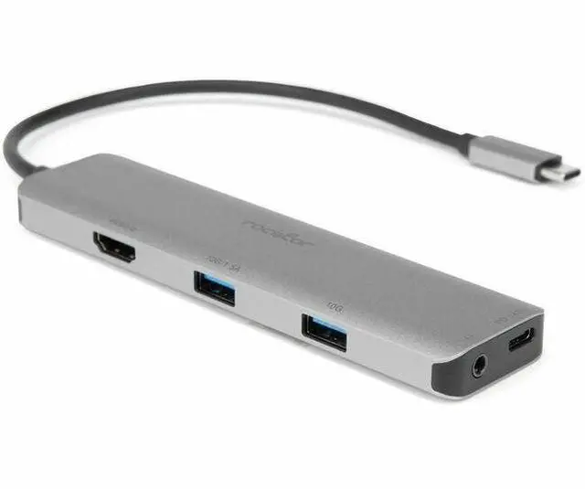 Main image of Rocstor 3.5mm/HDMI/USB/USB-C Audio/Video Adapter - 1 x USB Type C - Male - 1 x HDMI Digital Audio/Video - Female, 2 x USB Type A - Female, 1 x Mini-phone Audio - Female, 1 x USB Type C - Female - Silv