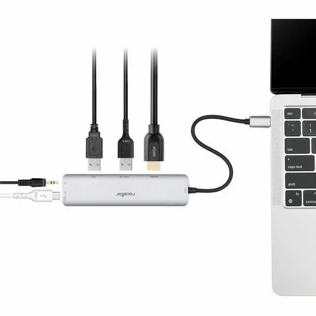Alt view image 4 of 9 - Rocstor 3.5mm/HDMI/USB/USB-C Audio/Video Adapter - 1 x USB Type C - Male - 1 x HDMI Digital Audio/Video - Female, 2 x USB Type A - Female, 1 x Mini-phone Audio - Female, 1 x USB Type C - Female - Silv