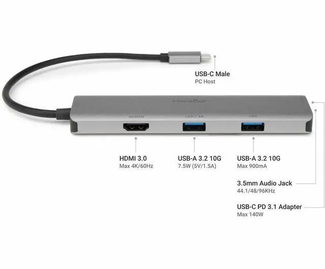 Alt view image 7 of 9 - Rocstor 3.5mm/HDMI/USB/USB-C Audio/Video Adapter - 1 x USB Type C - Male - 1 x HDMI Digital Audio/Video - Female, 2 x USB Type A - Female, 1 x Mini-phone Audio - Female, 1 x USB Type C - Female - Silv
