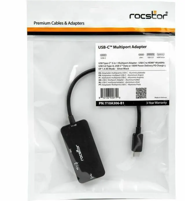 Alt view image 5 of 9 - Rocstor Type-C to Triple DisplayPort Adapter with DP1.4 Alt Mode - 1 x USB Type C - Male - 3 x DisplayPort 1.4 Digital Audio/Video - Female - 7680 x 4320 Supported - Black - 1