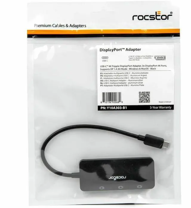 Alt view image 7 of 9 - Rocstor Type-C to Triple DisplayPort Adapter with DP1.4 Alt Mode - 1 x USB Type C - Male - 3 x DisplayPort 1.4 Digital Audio/Video - Female - 7680 x 4320 Supported - Black - 1