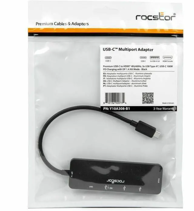 Alt view image 7 of 9 - Rocstor Type-C to HDMI/USB-Ax3/Type-C PD Charging with DP1.4 Alt Mode - 1 x USB 3.1 Type C - Male - 1 x HDMI Digital Audio/Video - Female, 3 x USB 3.1 Type A - Female, 1 x USB 3.1 Type C - Female - 38
