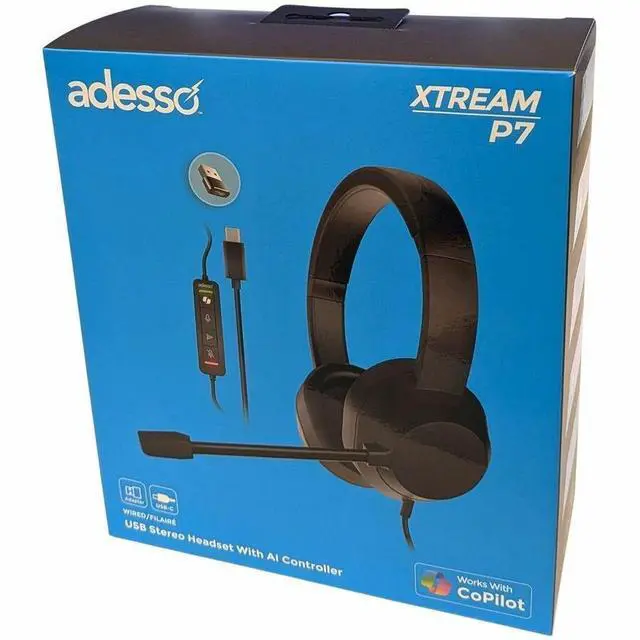 Alt view image 3 of 8 - Adesso Xtream P7 Wired Stereo Headset With AI Controls - Stereo - USB Type A, USB Type C - Wired - 32 Ohm - 20 Hz to 20 kHz - Over-the-head - Binaural - Circumaural - 6 ft Cable - Omni-directional Mic