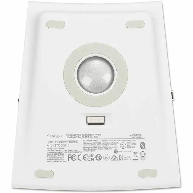 Alt view image 5 of 9 - Kensington SlimBlade Pro EQ Trackball - Optical - Cable/Wireless - Bluetooth/Radio Frequency - 2.40 GHz - Rechargeable - White - USB Type C - 8 Programmable Button(s) - Symmetrical - 4 Month Battery R