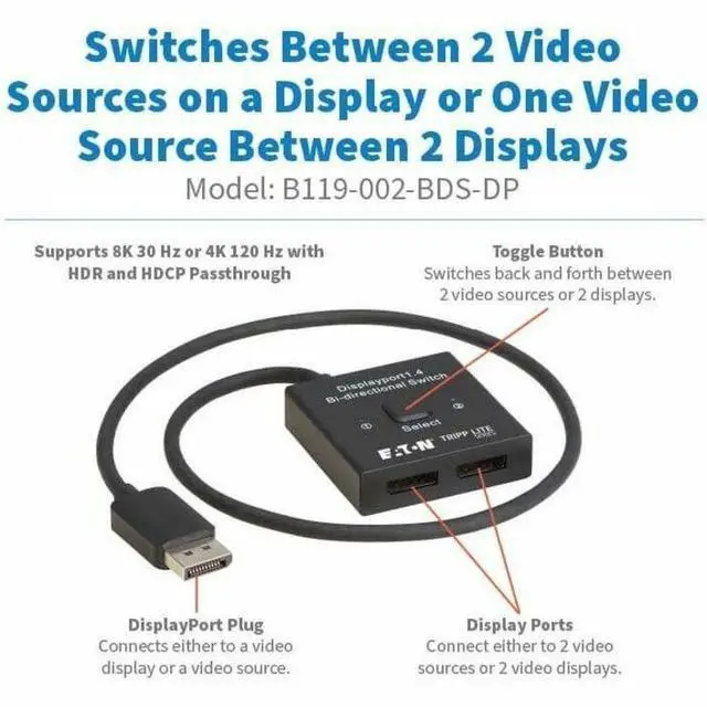 Alt view image 2 of 7 - Eaton Tripp Lite Series 2x1 Bi-Directional DisplayPort Switch - 4K 120 Hz or 8K 30 Hz, HDR, HDCP Passthrough