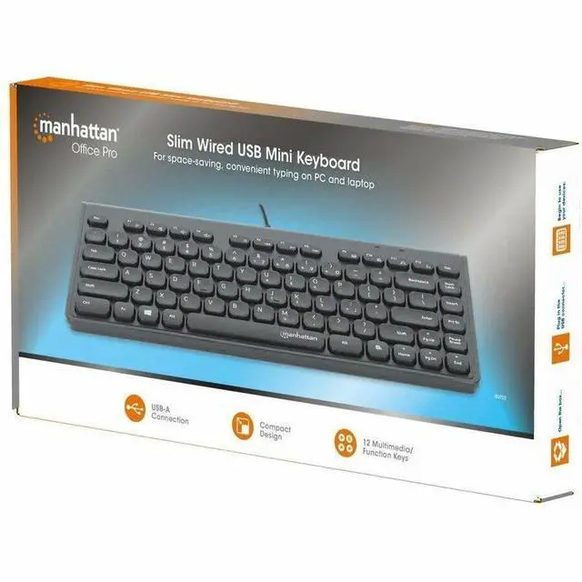 Alt view image 2 of 13 - Manhattan Slim Wired USB Mini Keyboard - Cable Connectivity - USB Type A Interface - 82 Key(s) - Linux, ChromeOS, Windows 7, Windows 8.1, Windows 10, Windows 11 - Notebook, Desktop Computer - PC - ABS