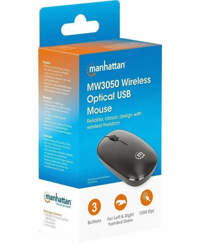 Alt view image 4 of 12 - Manhattan MW3050 Wireless Optical USB Mouse - Full-size Mouse - Optical - Wireless - 32.81 ft - Radio Frequency - 2.40 GHz - Black - USB Type A - 1200 dpi - Scroll Wheel - 3 Button(s) - Symmetrical -