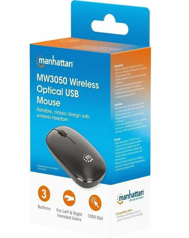 Alt view image 3 of 12 - Manhattan MW3050 Wireless Optical USB Mouse - Full-size Mouse - Optical - Wireless - 32.81 ft - Radio Frequency - 2.40 GHz - Black - USB Type A - 1200 dpi - Scroll Wheel - 3 Button(s) - Symmetrical -