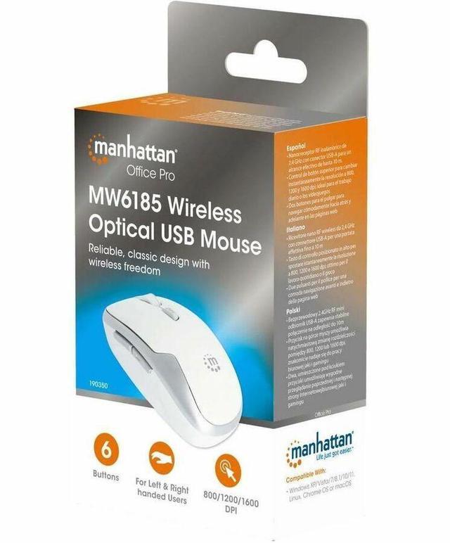 Alt view image 6 of 8 - Manhattan MW6185 Wireless Optical USB Mouse - Full-size Mouse - Optical - Wireless - 32.81 ft - Radio Frequency - 2.40 GHz - White - USB Type A - 1600 dpi - Scroll Wheel - 6 Button(s) - Right-handed -