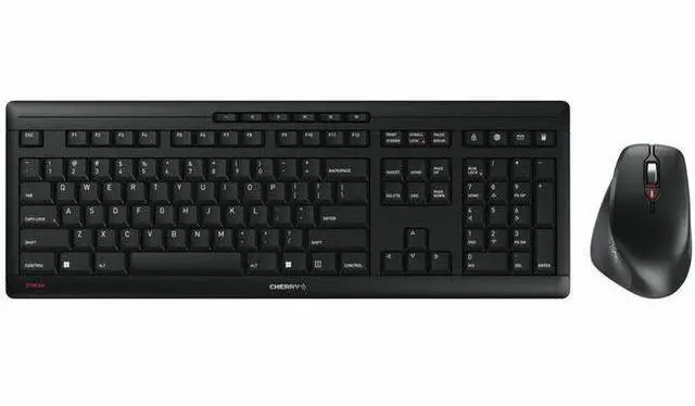 Main image of CHERRY STREAM DESKTOP COMFORT Wireless Desktop Set, AES0128 Encrypted - Full Sized, Black, Whisper Quiet, Status LEDs, Multimedia Keys, Ergonomic Right-Hand 6 Button Mouse, 4000 dpi