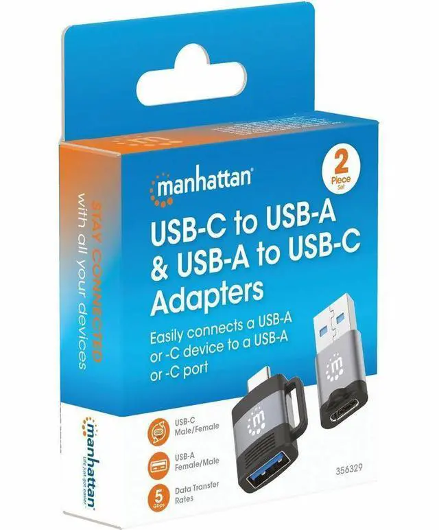Alt view image 2 of 20 - Manhattan 2-Piece Set: USB-C to USB-A & USB-A to USB-C Adapters - 1 x 24-pin USB 3.2 (Gen1) Type C - Male, 1 x 9-Pin USB 3.2 (Gen1) Type A - Female - 1 x 24-pin USB 3.2 (Gen1) Type C - Female, 1 x