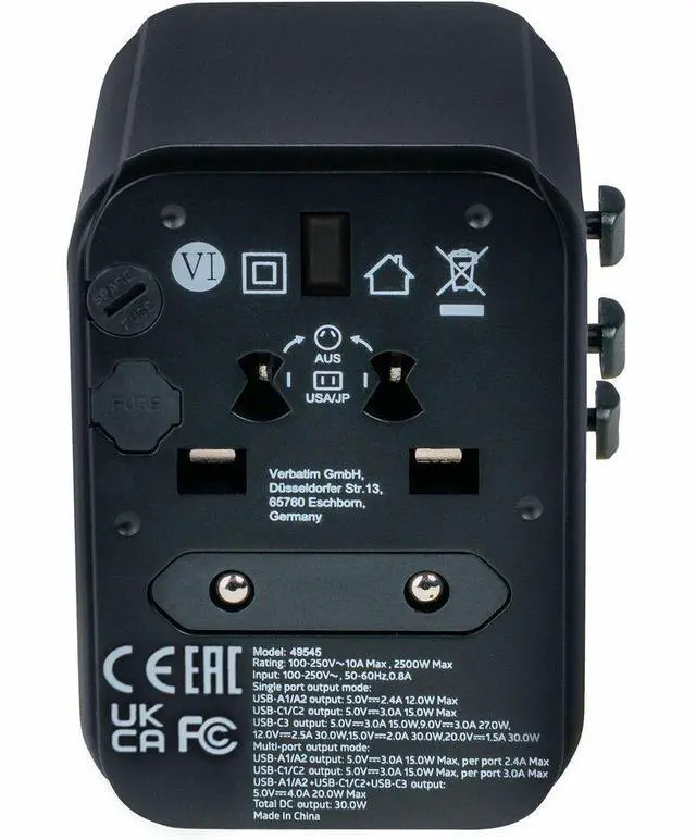 Alt view image 2 of 8 - Verbatim UTA-03 Universal Travel Adapter 30W - USB -C, USB-A - 120 V AC, 230 V AC Input - 5 V DC, 9 V DC, 12 V DC, 15 V DC, 20 V DC Output - 3 A