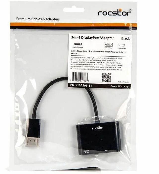 Alt view image 2 of 7 - Rocstor DisplayPort 1.2 to HDMI & VGA Multiport Active Video Adapter – 4K/60Hz – Black