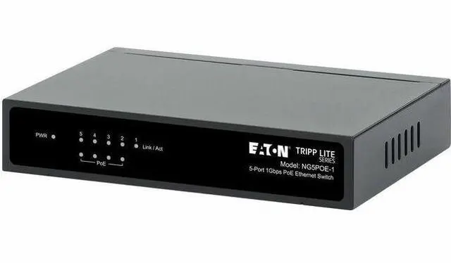 Main image of Eaton Tripp Lite Series 5-Port 10/100/1000 Mbps PoE-Powered Desktop Gigabit Ethernet Unmanaged Switch with PoE+ Pass-Through, 65W, Metal Enclosure - 5 Ports - Gigabit Ethernet - 10/100/1000Base-T - 2