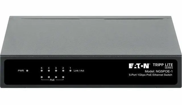 Alt view image 4 of 7 - Eaton Tripp Lite Series 5-Port 10/100/1000 Mbps PoE-Powered Desktop Gigabit Ethernet Unmanaged Switch with PoE+ Pass-Through, 65W, Metal Enclosure - 5 Ports - Gigabit Ethernet - 10/100/1000Base-T - 2