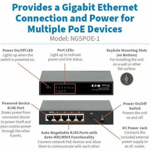 Alt view image 5 of 7 - Eaton Tripp Lite Series 5-Port 10/100/1000 Mbps PoE-Powered Desktop Gigabit Ethernet Unmanaged Switch with PoE+ Pass-Through, 65W, Metal Enclosure - 5 Ports - Gigabit Ethernet - 10/100/1000Base-T - 2