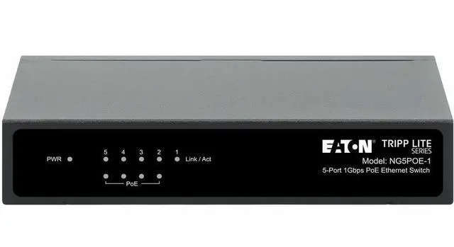 Alt view image 7 of 7 - Eaton Tripp Lite Series 5-Port 10/100/1000 Mbps PoE-Powered Desktop Gigabit Ethernet Unmanaged Switch with PoE+ Pass-Through, 65W, Metal Enclosure - 5 Ports - Gigabit Ethernet - 10/100/1000Base-T - 2