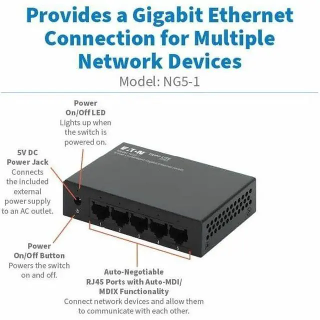 Alt view image 4 of 7 - Eaton Tripp Lite Series 5-Port 10/100/1000 Mbps Desktop Gigabit Ethernet Unmanaged Switch, Metal Enclosure - 5 Ports - Gigabit Ethernet - 10/100/1000Base-T - 2 Layer Supported - 1.60 W Power Consumpti