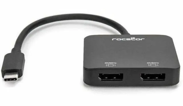 Alt view image 2 of 7 - Rocstor USB-C to Dual DisplayPort Adapter - 4K/60Hz - 1 x USB Type C - Male - 2 x DisplayPort 1.4 Digital Audio/Video - Female - 3840 x 2160 Supported - Black - 1