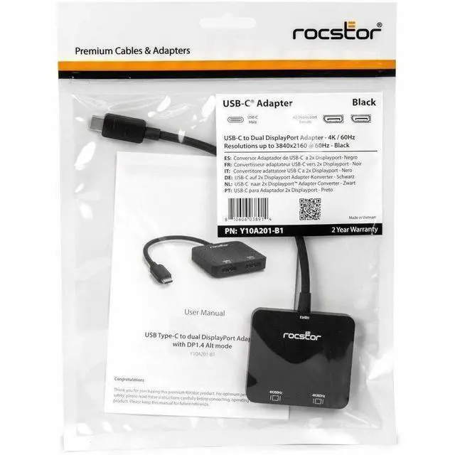 Alt view image 5 of 7 - Rocstor USB-C to Dual DisplayPort Adapter - 4K/60Hz - 1 x USB Type C - Male - 2 x DisplayPort 1.4 Digital Audio/Video - Female - 3840 x 2160 Supported - Black - 1