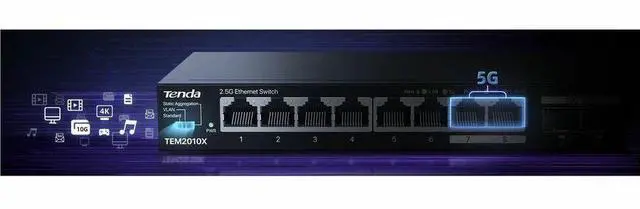 Alt view image 8 of 16 - Tenda Tem2010X 8 Port 2.5G Ethernet Switch Support Vlan & Static Link Aggregation Unmanaged 2.5Gb Switch With 8 X 2.5G Ports & 2 X 10Gb Sfp Slots 80Gbps Switching Capacity Fanless Metal Design