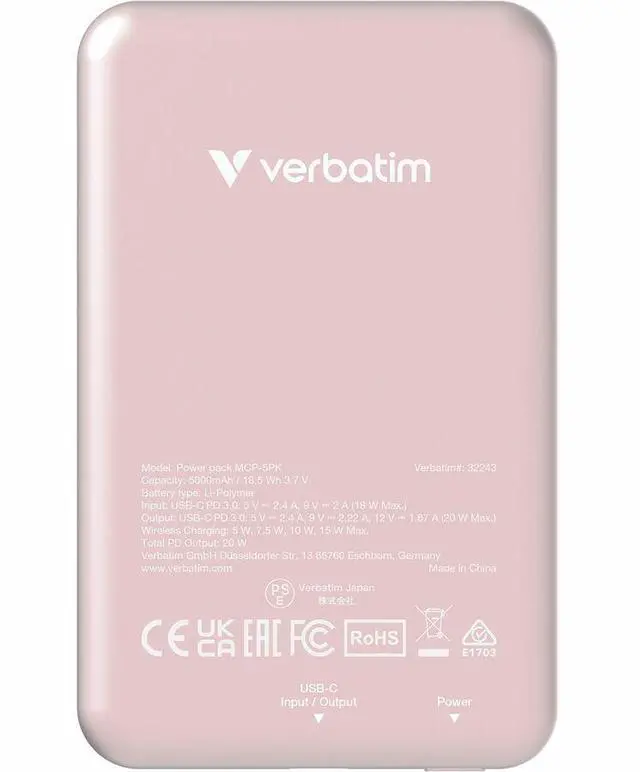 Alt view image 5 of 8 - Verbatim Charge 'n' Go Magnetic Wireless Power Bank 5000 mAh - Pink - For Smartphone, Qi-enabled Device - Lithium Polymer (Li-Polymer) - 5000 mAh - 15 W - 2.40 A, 2.22 A, 1.67 A - 5 V DC, 9