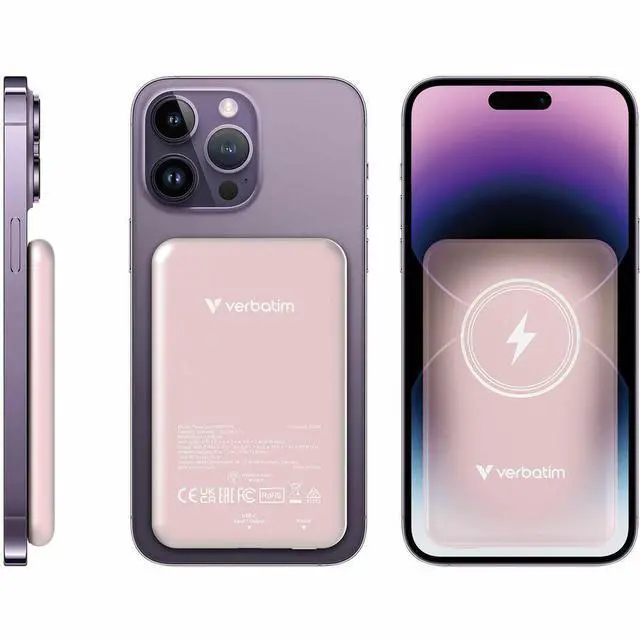 Alt view image 6 of 8 - Verbatim Charge 'n' Go Magnetic Wireless Power Bank 5000 mAh - Pink - For Smartphone, Qi-enabled Device - Lithium Polymer (Li-Polymer) - 5000 mAh - 15 W - 2.40 A, 2.22 A, 1.67 A - 5 V DC, 9