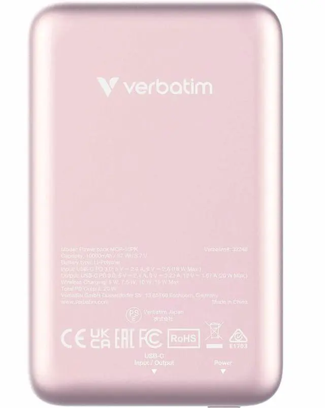 Alt view image 7 of 8 - Verbatim Charge 'n' Go Magnetic Wireless Power Bank 10000 mAh - Pink - 10000 mAh - 20 W - USB Type-C Connector - 1 x USB - Pink