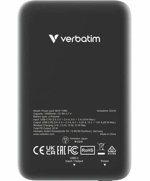 Alt view image 4 of 8 - Verbatim Charge 'n' Go Magnetic Wireless Power Bank 10000 mAh - Black - For Smartphone - Lithium Polymer (Li-Polymer) - 10000 mAh - 15 W - 2.40 A, 2.22 A, 1.67 A - 5 V DC, 9 V DC, 12 V DC Ou