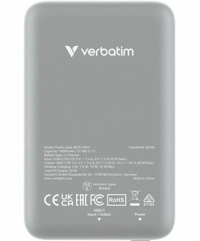 Alt view image 3 of 8 - Verbatim Charge 'n' Go Magnetic Wireless Power Bank 10000 mAh - Grey - For Smartphone, Mobile Device, Qi-enabled Device - Lithium Polymer (Li-Polymer) - 10000 mAh - 15 W - 2.40 A, 2.22 A, 1.