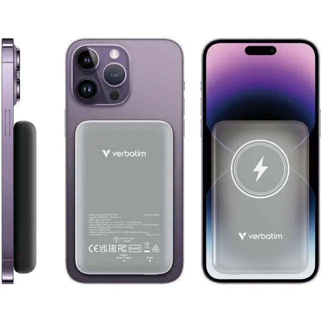 Alt view image 4 of 8 - Verbatim Charge 'n' Go Magnetic Wireless Power Bank 10000 mAh - Grey - For Smartphone, Mobile Device, Qi-enabled Device - Lithium Polymer (Li-Polymer) - 10000 mAh - 15 W - 2.40 A, 2.22 A, 1.