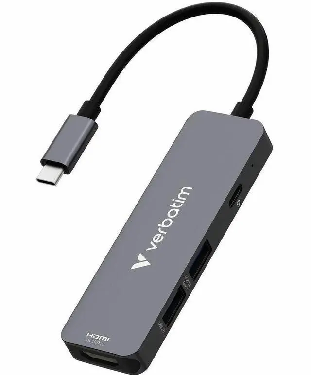 Alt view image 6 of 11 - Verbatim USB-C Essentials Multiport Hub - 4 Ports - Charging Capability - USB Type C - 4K @30Hz - 3840 x 2160 - 3 x USB Ports - 2 x USB Type-A Ports - USB Type-A - 1 x USB Type-C Ports - USB Type-C -