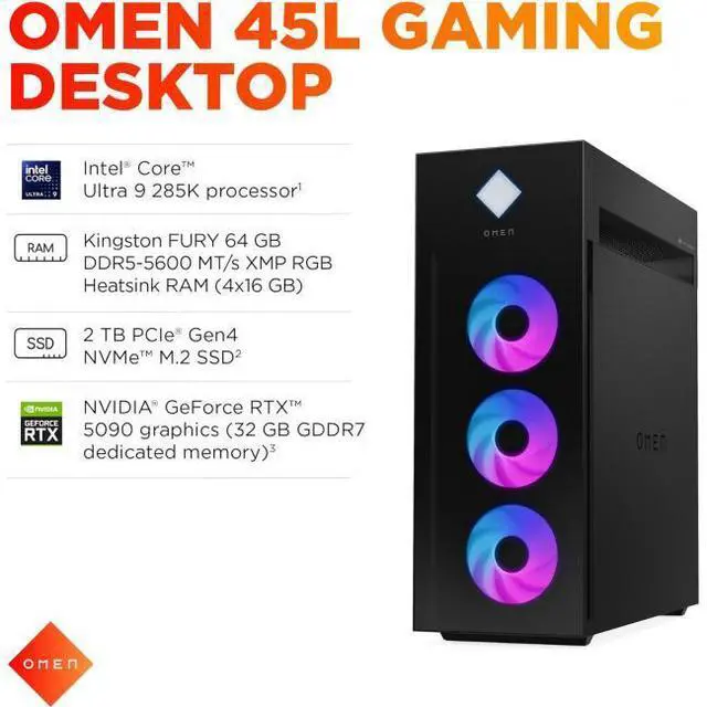 Alt view image 8 of 15 - HP OMEN 45L GT22-3090 Gaming PC, Intel Core Ultra 9 285K 3.2GHz Processor; NVIDIA GeForce RTX 5090 32GB GDDR7; Kingston FURY 64GB DDR5-5600 XMP RGB Heatsink RAM; 2TB NVMe SSD