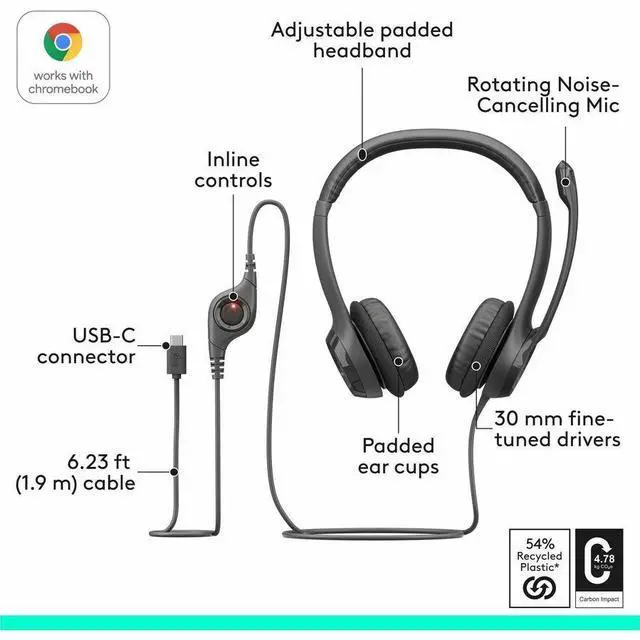Alt view image 5 of 7 - Logitech H390 USB Type C Noise Cancelling Computer Headset - Black