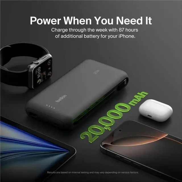 Alt view image 2 of 7 - Belkin BoostCharge Power Bank 20K With Integrated Cable - For Smartphone, iPhone, Tablet PC, iPad mini, iPad, iPad Pro - 20000 mAh - USB Type-C Connector - 2 x USB - Black