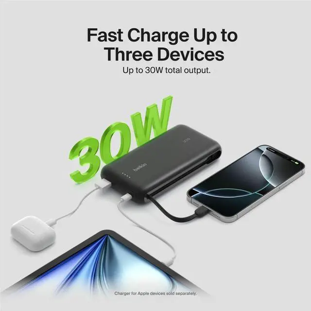 Alt view image 7 of 7 - Belkin BoostCharge Power Bank 20K With Integrated Cable - For Smartphone, iPhone, Tablet PC, iPad mini, iPad, iPad Pro - 20000 mAh - USB Type-C Connector - 2 x USB - Black