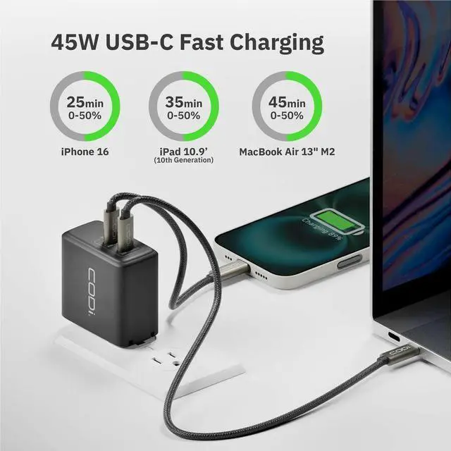 Alt view image 2 of 6 - CODi 45W Wall Charger Duel USB-C Charging Ports - Overcurrent, overload, overvoltage protection, and short circuit protection with auto-recovery