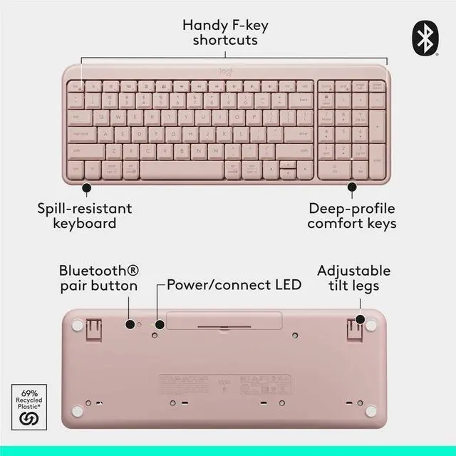 Alt view image 5 of 14 - Logitech MK250 Bluetooth Wireless Mouse and Keyboard Combo: Fast & Easy Connectivity, Compact Wireless Keyboard, Ambidextrous Mouse (Graphite) - Wireless Bluetooth Keyboard - Rose - Wireless Bluet