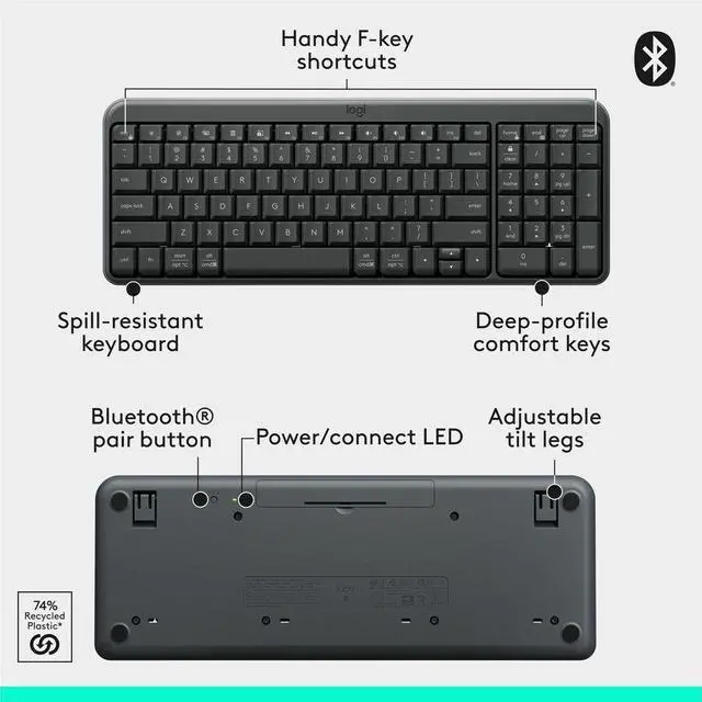 Alt view image 7 of 14 - Logitech MK250 Bluetooth Wireless Mouse and Keyboard Combo: Fast & Easy Connectivity, Compact Wireless Keyboard, Ambidextrous Mouse (Graphite) - Wireless Bluetooth Keyboard - Graphite - Wireless B
