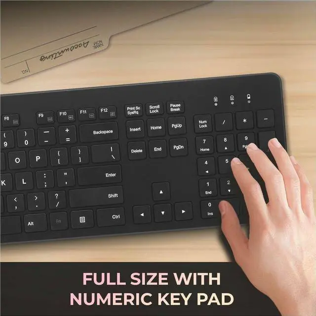 Alt view image 3 of 8 - Adesso 2.4Ghz Wireless Scissor Switch Desktop Keyboard - Wireless Connectivity - RF - 30 ft - 2.40 GHz - USB Type A Interface - 104 Key(s) - 7 Hot Key(s) - Multimedia, Internet, Play/Pause, Stop, Next
