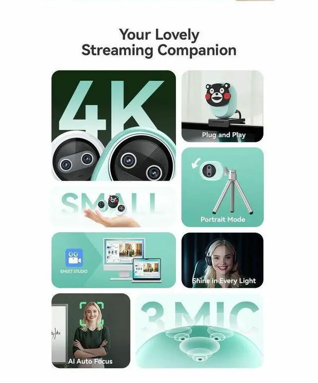 Alt view image 2 of 7 - EMEET Piko+ (White) - Dual-lens Webcam with one 4K 1/2.55" Sony Lens and one AI Assist Lens, Boosting color accuracy, face recognition, and 300ms fast focus. 3 MEMS Mics power 3 Voice Modes for M