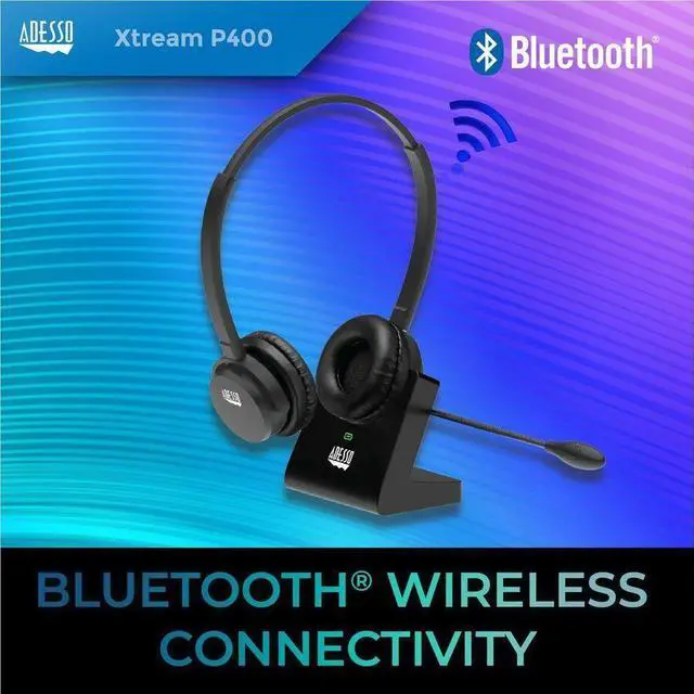 Alt view image 6 of 8 - Adesso Xtream P400 Wireless Multimedia Headset with Charging Dock - Stereo - Mini-phone (3.5mm) - Wireless - Bluetooth - 32 Ohm - 20 Hz to 20 kHz - Over-the-head - Binaural - Supra-aural