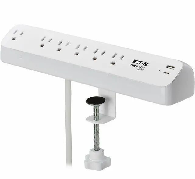 Alt view image 3 of 7 - Eaton Tripp Lite Series Protect It! 6-Outlet Surge Protector with USB-A and USB-C Charging Ports - 5-15R Outlets, 900 Joules, Desk Clamp, 6 ft. (1.8 m) Cord, White - White - NEMA 5-15P - 1 x USB Type